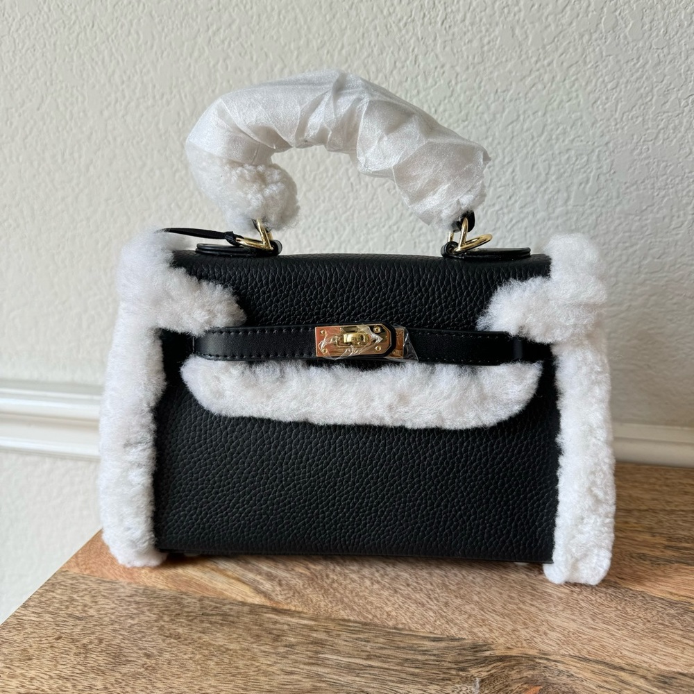 Black Teddy Shearling Fur Trimmed 22 Belted Leather Bag Top Handle Satchel B1